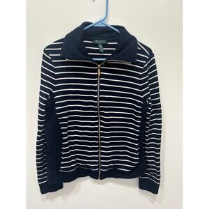 Lauren Ralph Lauren Petite Navy White Stripe Full Zip Cardigan Sweater PL Cotton